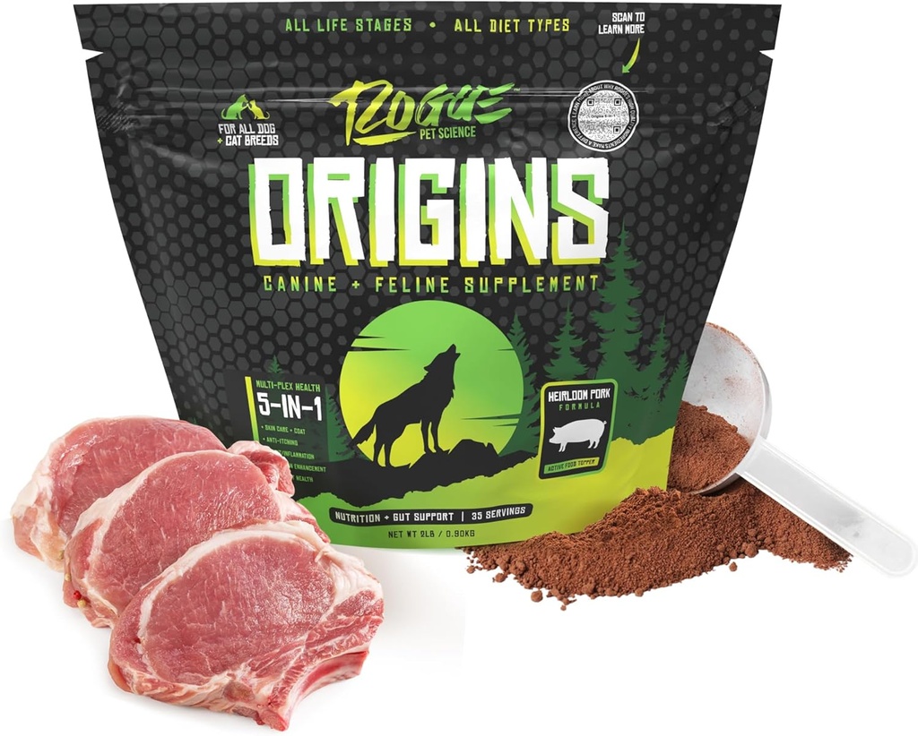ROGUE PET SCIENCE Origins 5-in-1 pes doplnok - Powdered Food Topper w/Natural Heirloom Pork Protein- podporuje zdravé trávenie, koža, a plášť - pomáha znížiť svrbenie a zápal kĺbov (2 lbs)