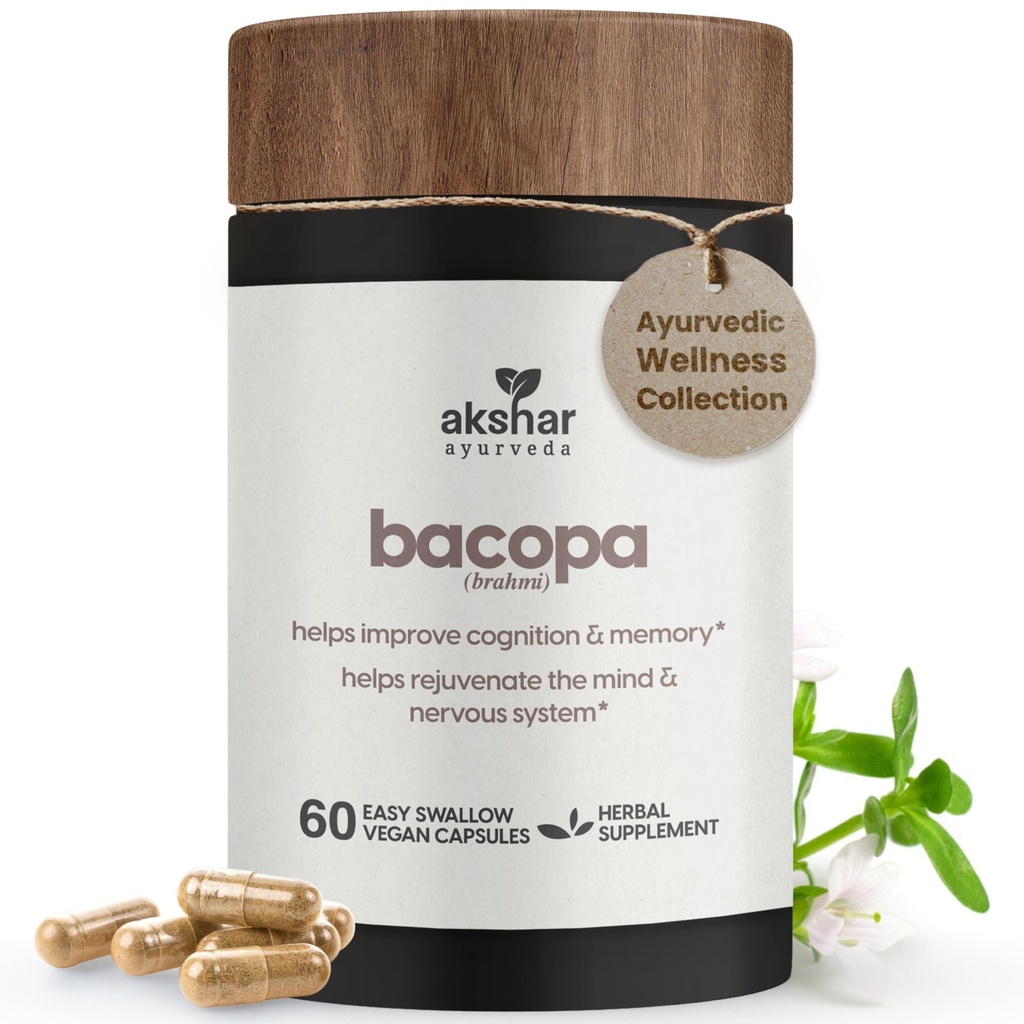 AKSHAR Ayurveda - Bacopa 500mg Brahmi Supplement, Rejuvenate System, Bacopa Pills na podporu kognitívnej funkcie pre dospelých, Vegan Cruelty Free Bacopa Monnieri (60 Počet)