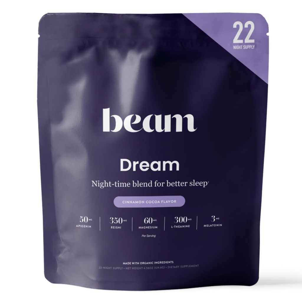 Beam Dream Sleep Powder, L-Theanine, Apigenin, Reishi a horčík, Tretia strana testovaný prírodný spánok pomoc a spánok doplnok pre hlboký spánok, relaxácia a zotavenie, Prírodný spánok podpora, 22 Služobné