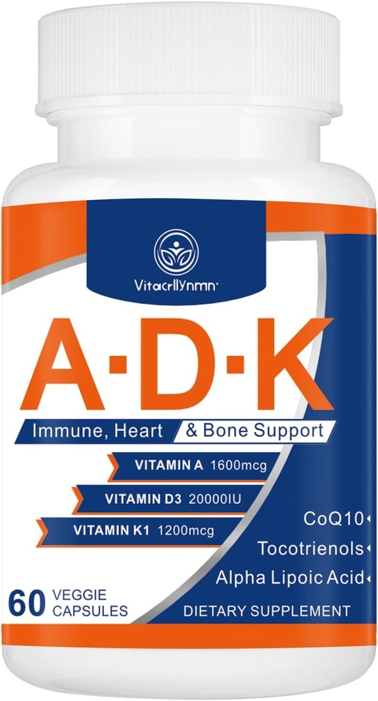 ADK vitamínové doplnky 20000 IU - Vitamíny A, D3 a K1 s vysokou potenciou pre Srdce, zdravie kostí a imunitnú podporu Vitamín ADK 60 kapsuly