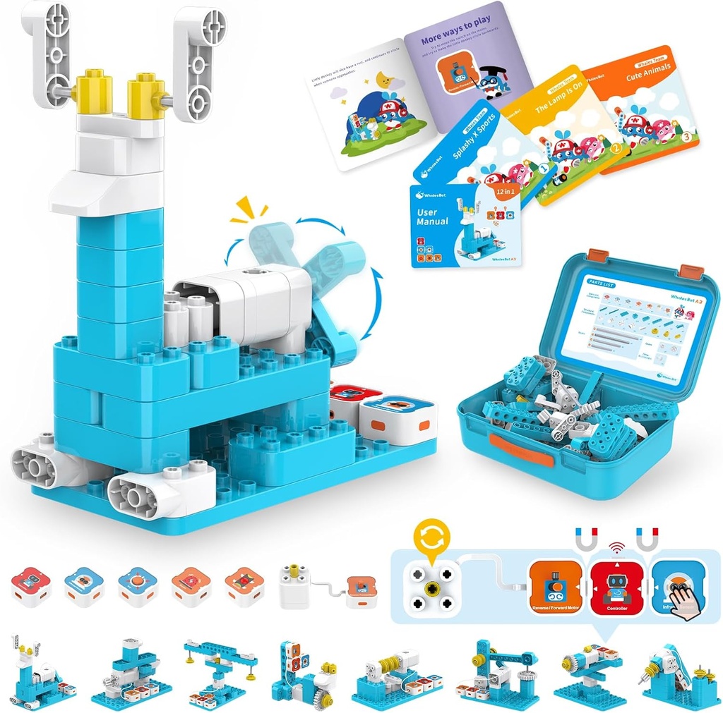 WhalesBot A3 12-in-1 STEM bloky Kódovanie Robot Kit pre deti, 61-Piece vzdelávacie budovy Set s interaktívnym rozprávaním, Ideálna hračka darček pre chlapcov a dievčatá veku 3-6