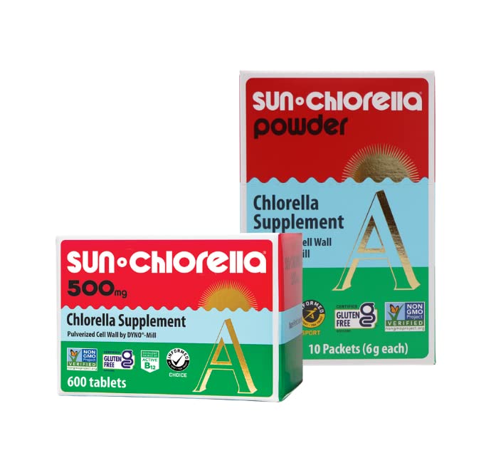 Sun Chlorella Dvakrát ako Nice Bundle 2ct 500mg celé telo Wellness Zelená Algae Superfood Supplement 600 Tablets Plus prášok Zelená Algae Superfood Supplement 10x6g Pakety