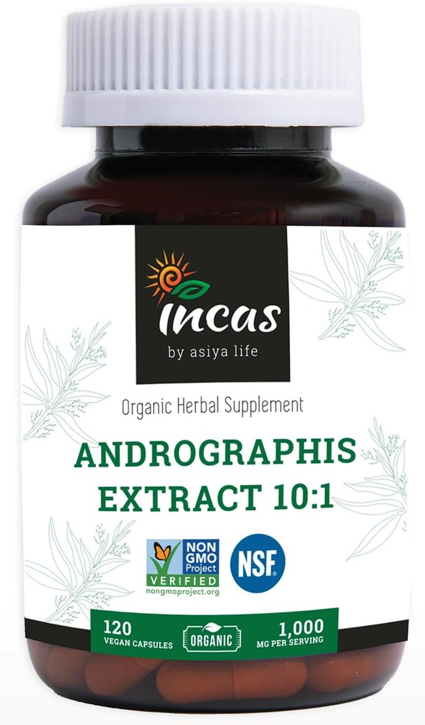 Incas Andrographis Kapsule Max Andrographides - 1000mg Serving Size (120 Kapsule) - Klinicky študovaný pre Imunitný systém Zdravie & Non GMO Overené NSF