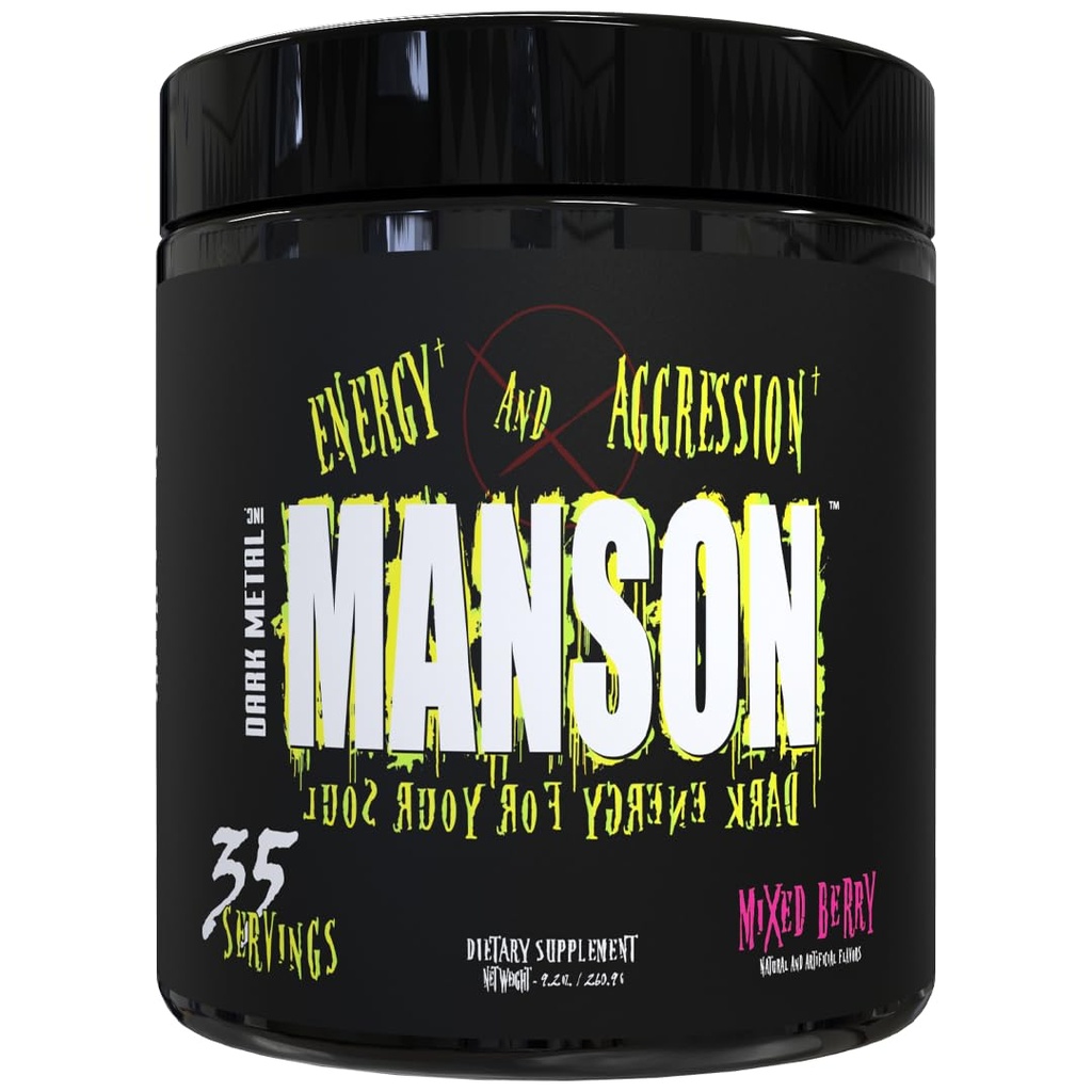 DARK METAL Inc Manson High Stim Pre Cvičenie Powder, Energy Focus Strength, Naložené s Beta Alanyne L Karnitín Kofeín Infinergy, 35 Srvgs, Mixed Berry