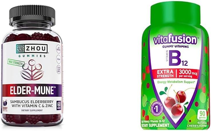 ZHOU Nutrition Elderberry Gummies Immune Support Bundle with Vitafusion Vitamín B12 Gummies Podpora energetického metabolizmu, 60 a 90 Count