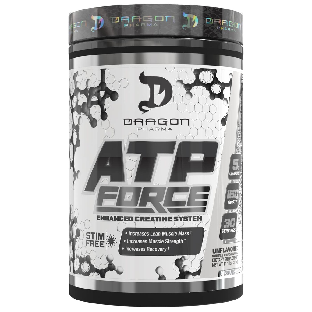 DRAGON PHARMA ATP Force Enhanced Creatin System, Stim-free, zvýšenie Lean svalovej hmoty a zotavenie, 5 Grams of CreaPure, zlepšuje prietok krvi (30 slúži, bez príchute)