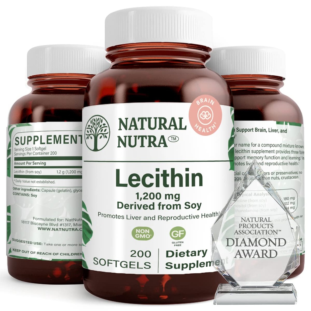 Natural Nutra Soy Lecithin 1200 mg Dietary Supplement - Funkcia mozgu, zdravie pečene, zlepšenie kvality zdravia, zvýšenie doplnok - bezlepkové, BPA-free, 200 Softgels v recyklovateľných sklenených fliaš