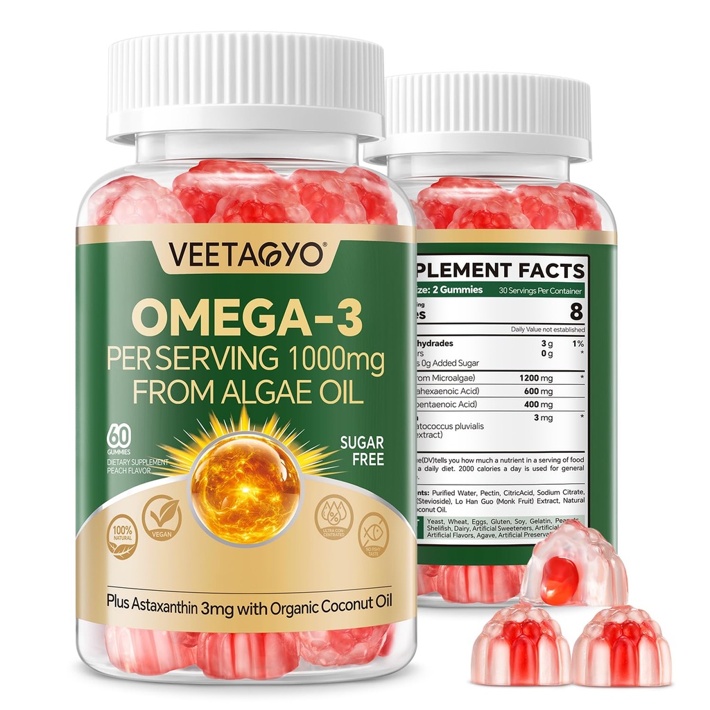 Vegan Omega 3 Gummies 1200mg - Dual Layer - Fish Oil Alternative, Marine Algae Omega 3 Supplement DHA 600mg, EPA 400mg with Astaxantin,Cugar Free,60 Cts