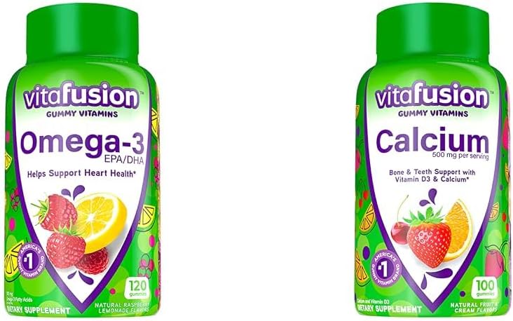 Vitafusion Omega-3 Gummy Vitamíny, Berry Lemonáda Ochutené, Zdravie srdca Vitamíny(1) a Žuvateľné kalcium Gumové Vitamíny pre kosti a zuby Podpora, Ovocie a smotana Ochutené