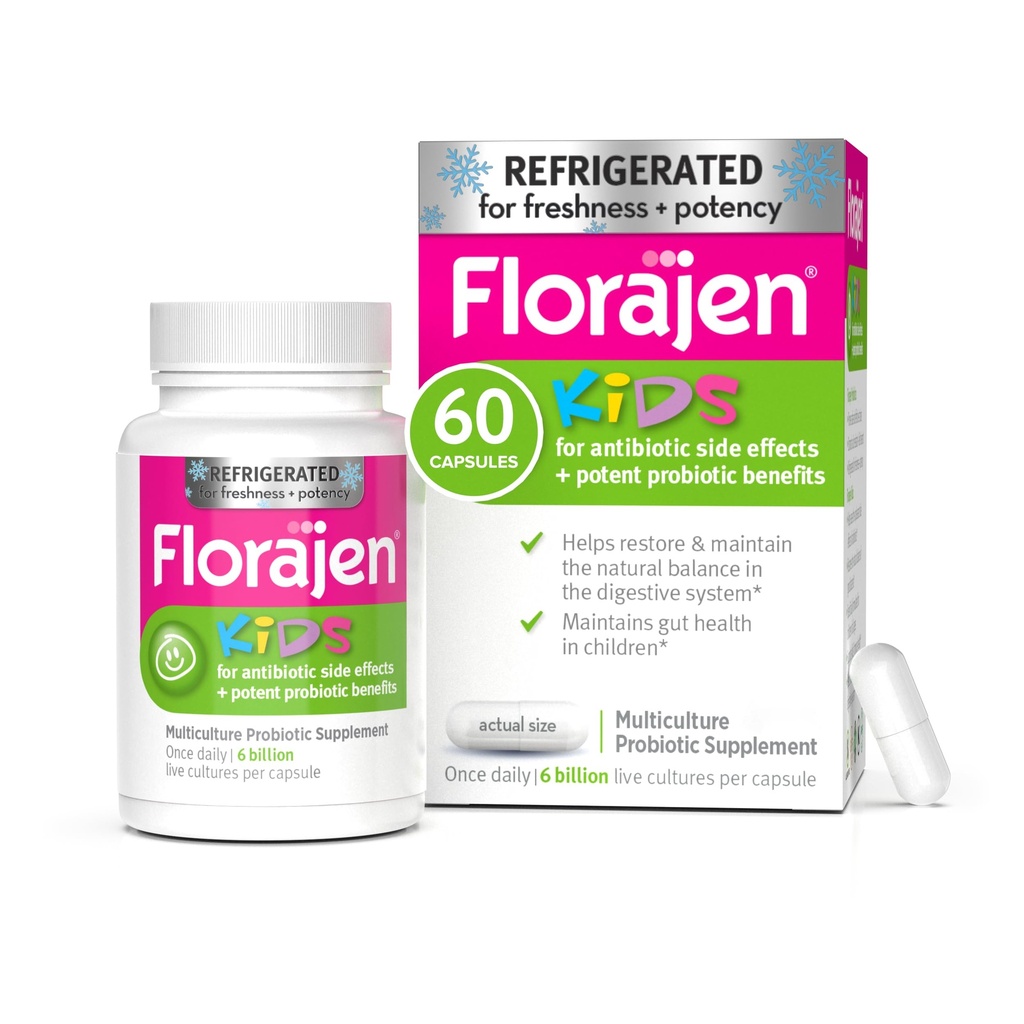 Florajen Kids Probiotic - Denná Gut & Immune podpora pre deti 6 mesiacov a hore - Zápcha, Bloating, & Tráviace Relief - Chladiaca pre Freshness & Potency - 60 Kapsule