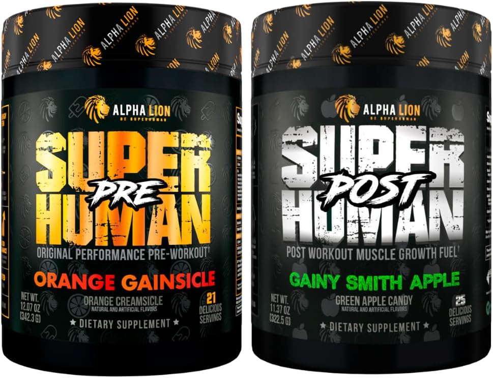 ALPHA LION Superhuman pred tréningom Powder & Po tréningu zotavenie Bundle, Trvalá energia & Focus + Lean Muscle Rast, sila & objem (Hulk Juice & Gainy Smith Apple)