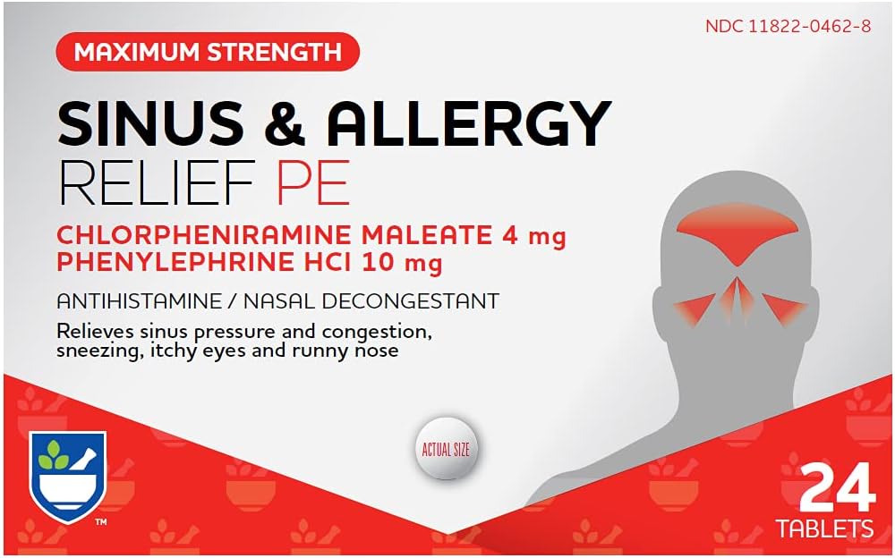Rite Aid Sinus & Allergy Relief PE Tablety, Maximálna sila- 24 Gróf 