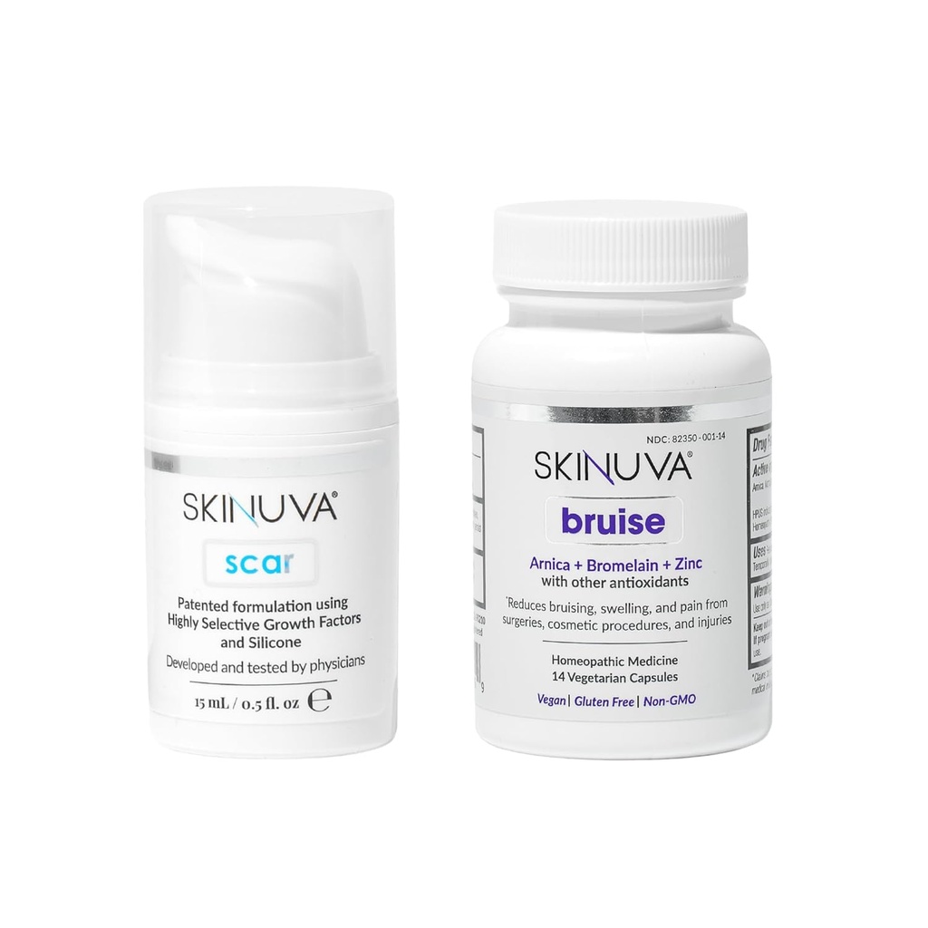 Skinuva® Jazva (0,5 oz) & Bruise (14 kapsúl) - Advanced Silikónový krém Formulovaný s rastovými faktormi & Homeopatické Bruise Remedy Formulované s Arnica, Hypromelóza & Zinok