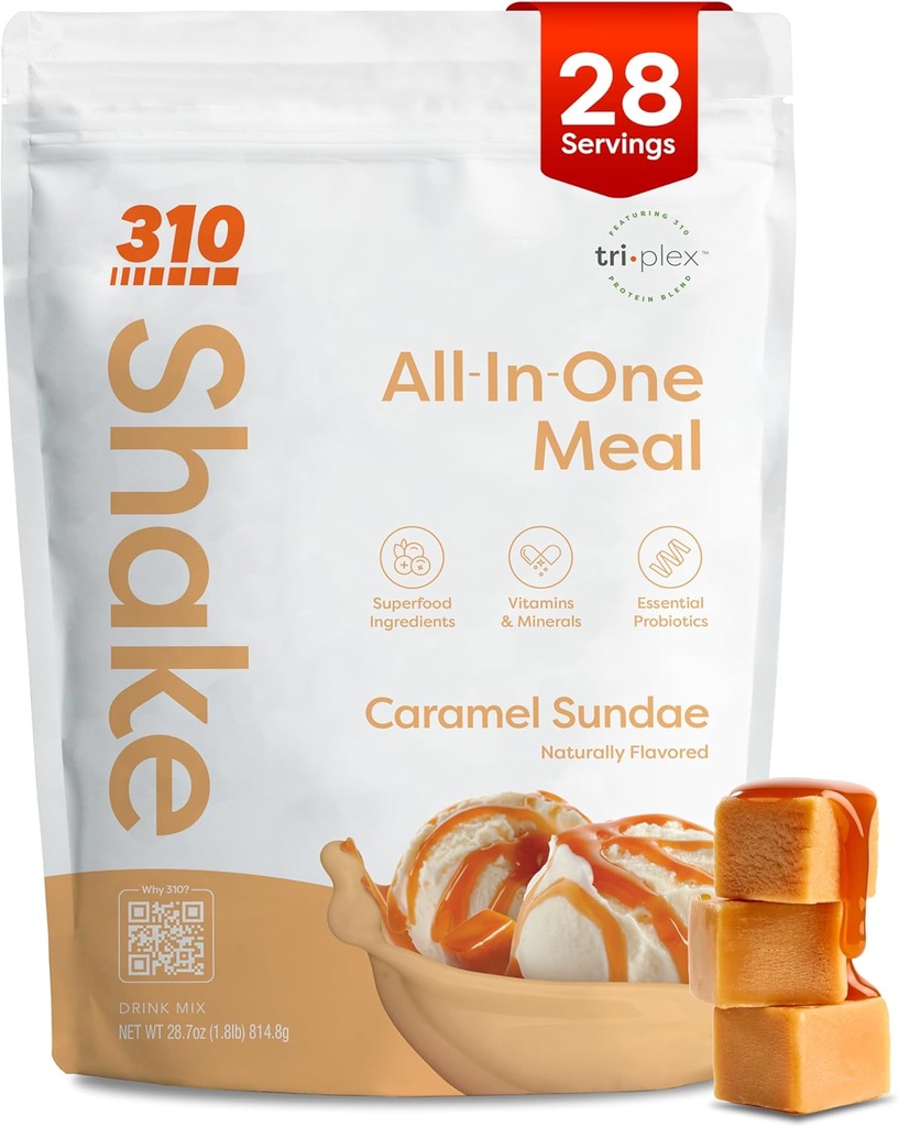 310 Nutrition All-In-One Replacement Shake Powder - Plant-Based Protein Smoothie Blend w/High Fiber, Probiotiká a adaptogény - Nízky Carb, Vegan, Keto & Paleo Friendly - Caramel Sundae - 28 Srv