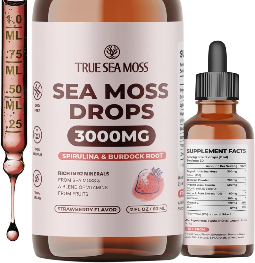 TrueSeaMoss Irish Sea Moss Drops - 5X Stronger Than Sea Moss Gel - 92+ Essentials Minerals - with Spirulina Powder, Burdock Root & Black Cumin - 2 Fl Oz (60ml) - Strawberry Flavor