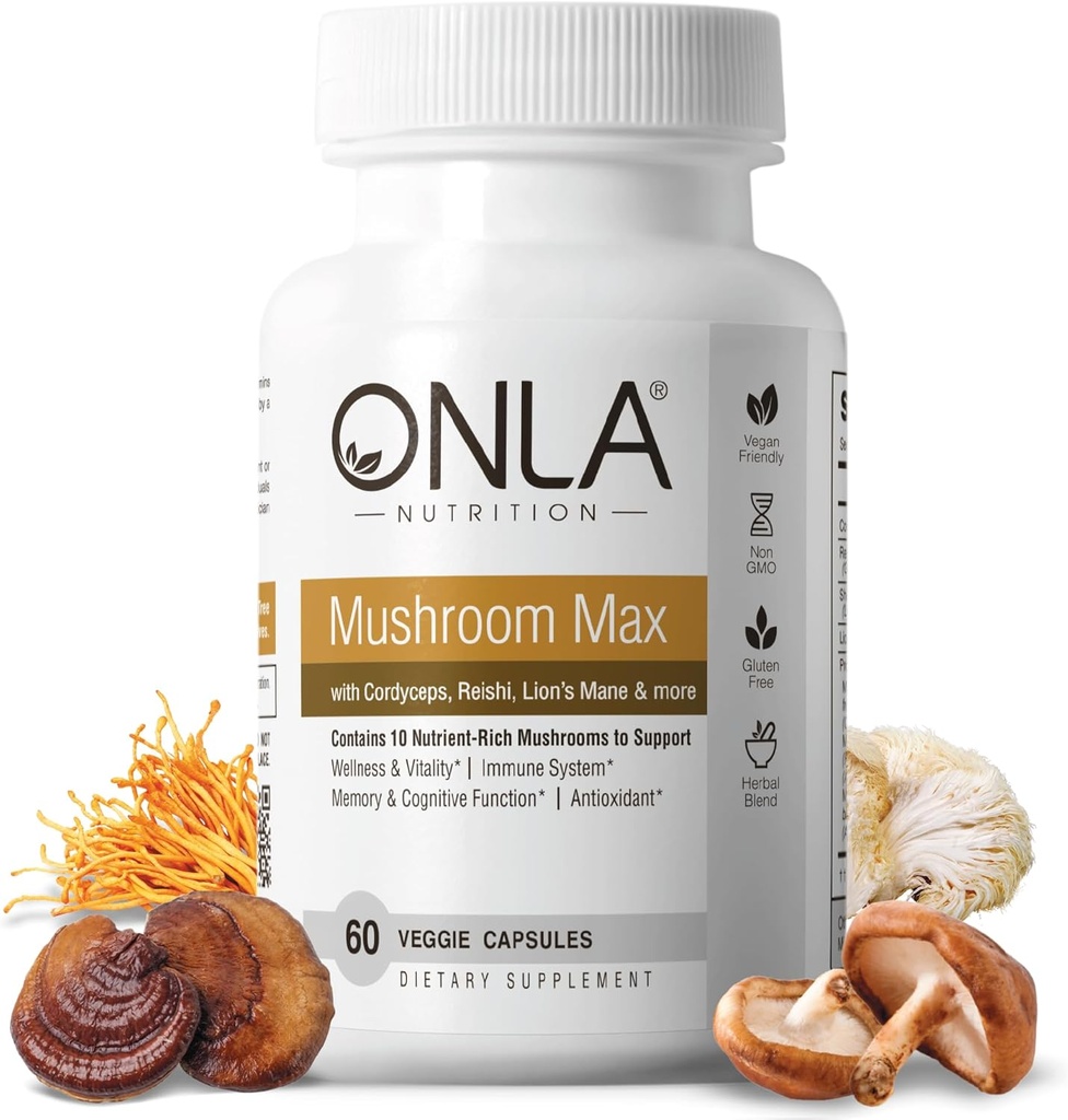 ONLA Vegánska Huba Supplement - 10-in-1 Lions Mane Huba, Reishi Huba, Cordyceps, Shiitake - Hubové kapsule pre Imunitný systém, Prírodné Mozog Doplnky pre pamäť a zaostrenie (60 cap)
