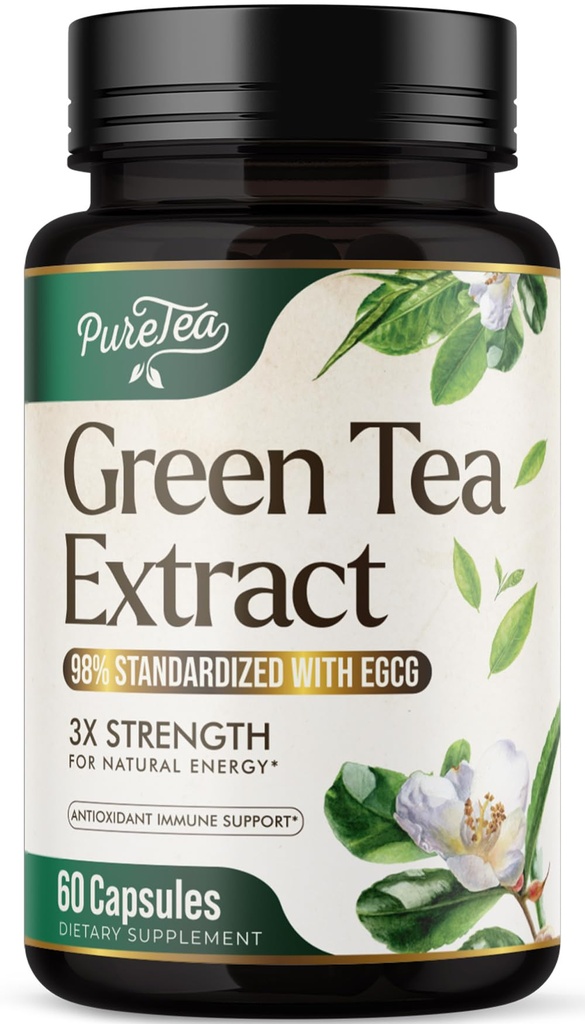 Zelený čaj extrakt Kapsule 1000mg s 45% EGCG & 98% Polyfenoly pre Podpora srdca s antioxidantmi - 3X Absorbcia Zelený čaj Pilulky Supplement for Natural Energy, Gentle Caffeine - 60 Kapsule