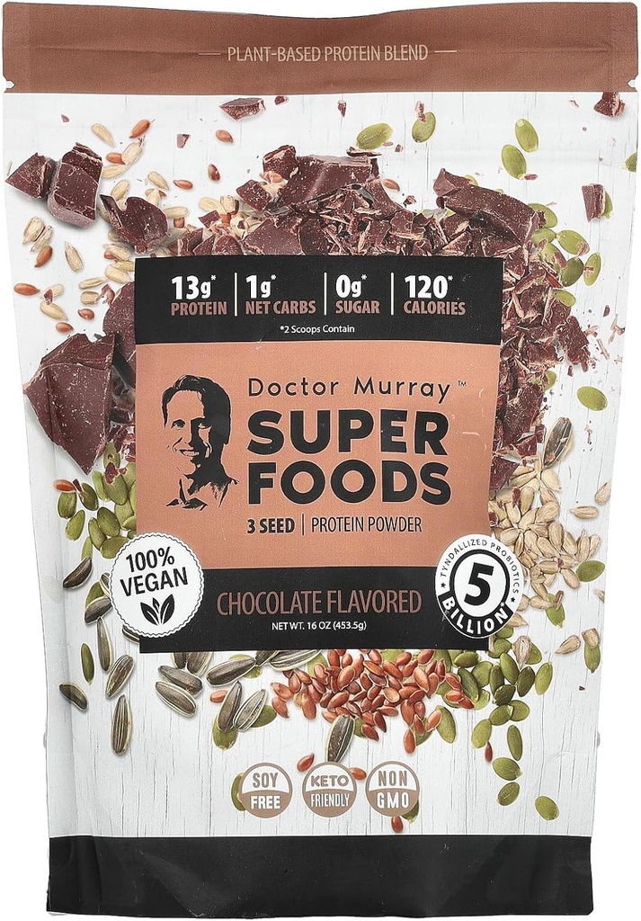 Dr. Murray's Super Foods, 3 Seed Protein Powder, Tekvica + Ľan + Slnečnica, Čokoláda, 16 oz (453,5 g)