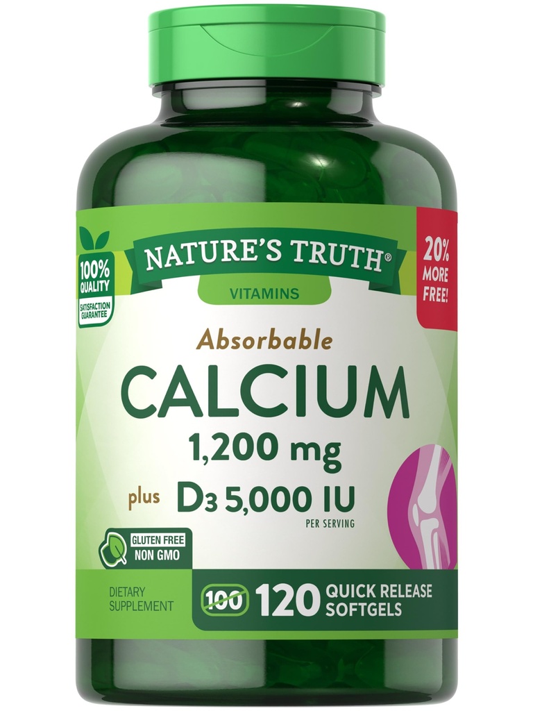 Prírodná pravda Vápnik 1200 mg Plus vitamín D3 5000 IU Doplnky, 120 Počet (Pack of 3)