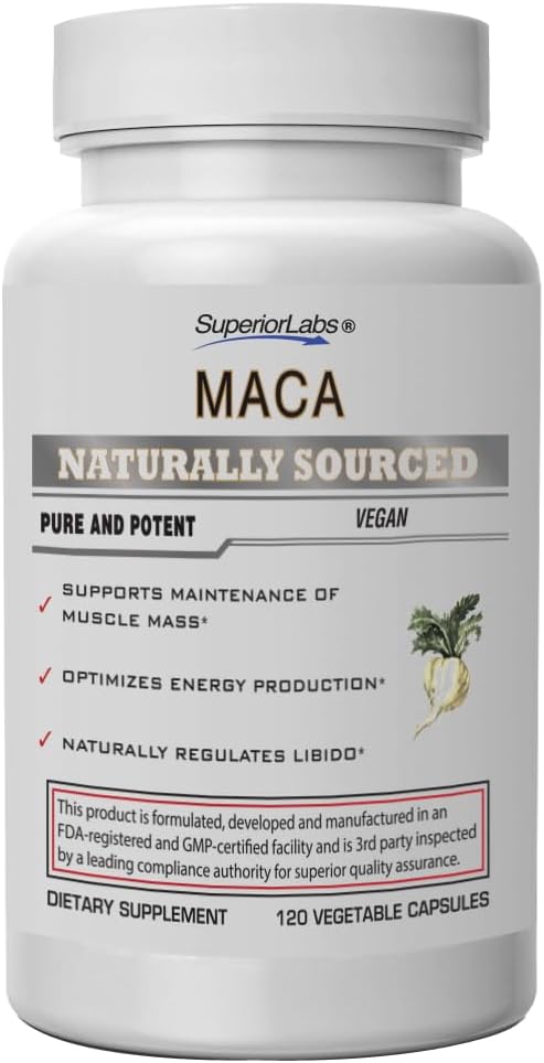 Superior Labs - Organic Peruvian Maca - 100% Pure NonGMO - Dietetický doplnok pre upokojujúce a relaxačné - Zero Synthetic Aditives, Stearates, Dioxides - 750mg, 120 Rastlinné kapsule