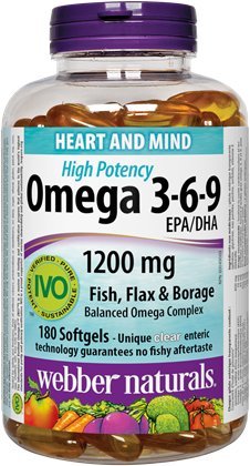 Webber Naturals Omega 3-6-9 High Potency 1200 mg · Ryby, Ľan & Borage, 180 softgels