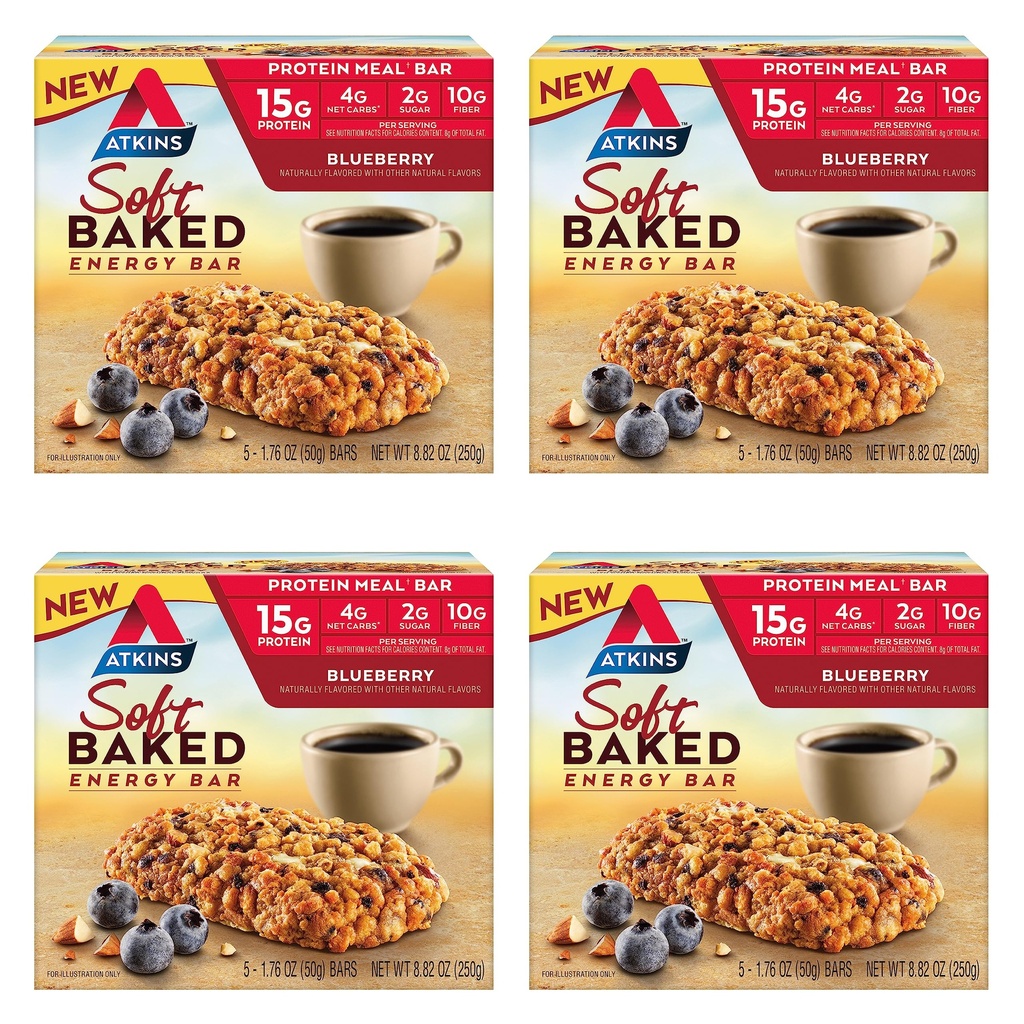 Atkins Blueberry ochutené mäkké baked energetické tyčinky, s vysokým obsahom proteínu Snack Bar, nízka hladina cukru, vysoký obsah vlákniny Snack, proteín Snack, 4 balenia (4 bary Each)