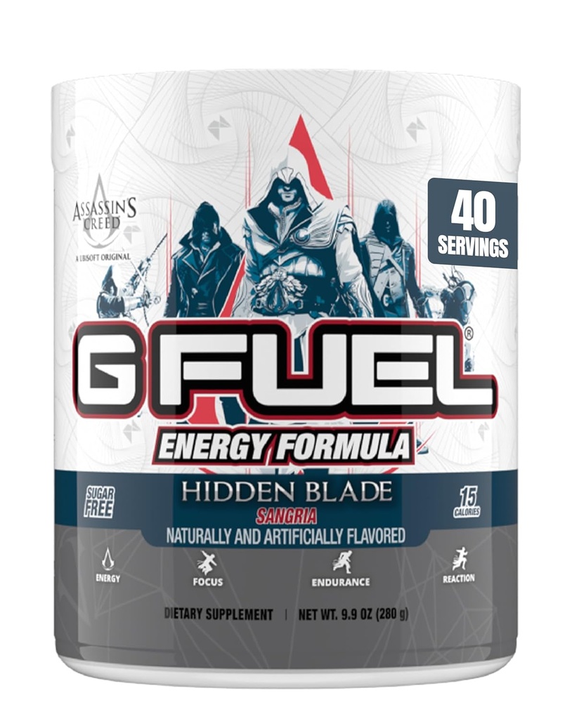 G Fuel Assassin Creed Skryté Blade Energy Drink Powder, Pre Cvičenie kofeín Mix pre Gaming, bez cukru Focus Amino, Vitamín + Antioxidanty, 9.9oz (Sangria, 40 Servings)