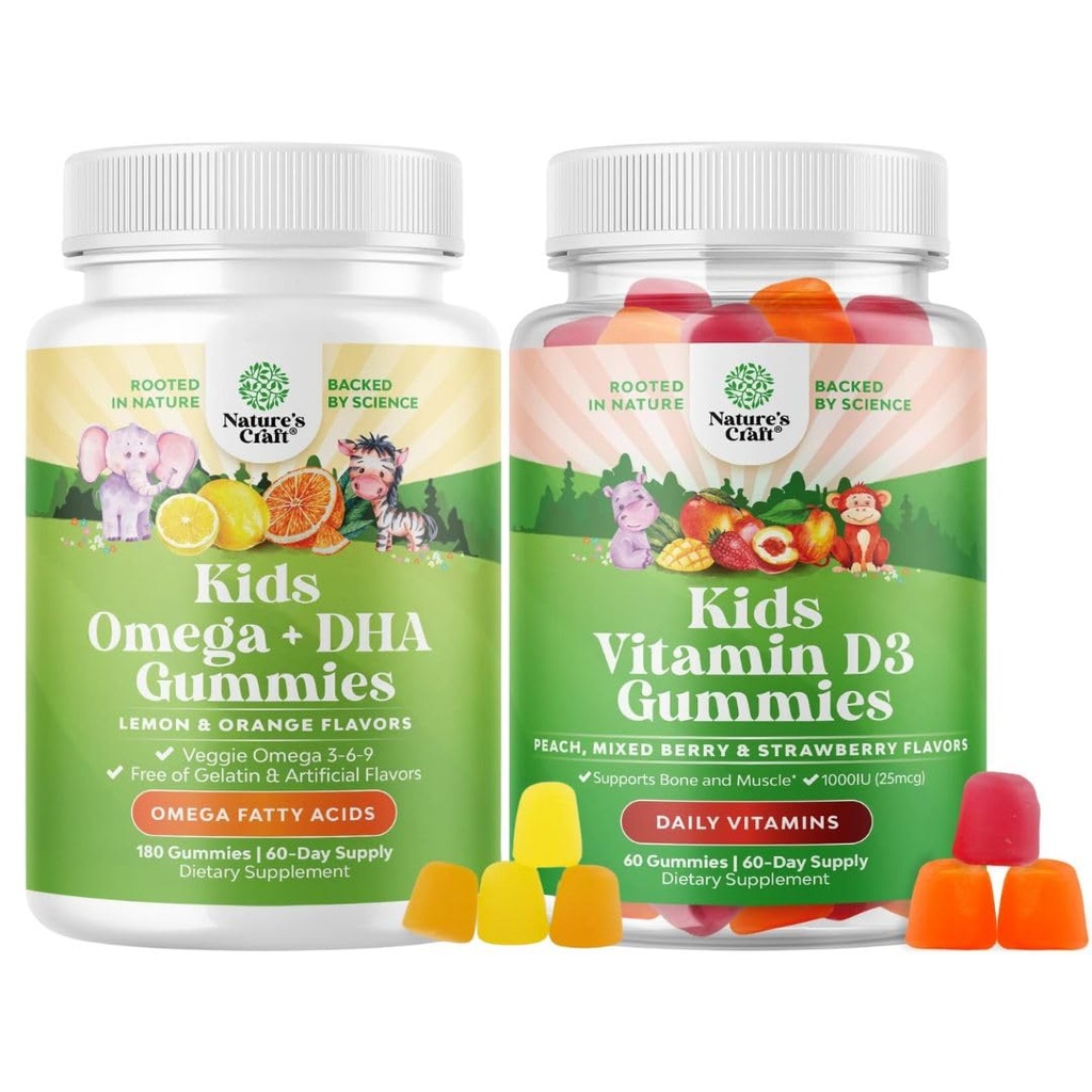 Omega DHA Gummy pre deti - mastné kyseliny Omega 3 6 9 - Vitamín C pre mozog, imunita & Vision a vitamín D Gummy pre deti - 1000 IU na obsluhu - Imunitná podpora zdravie svalov a kostí