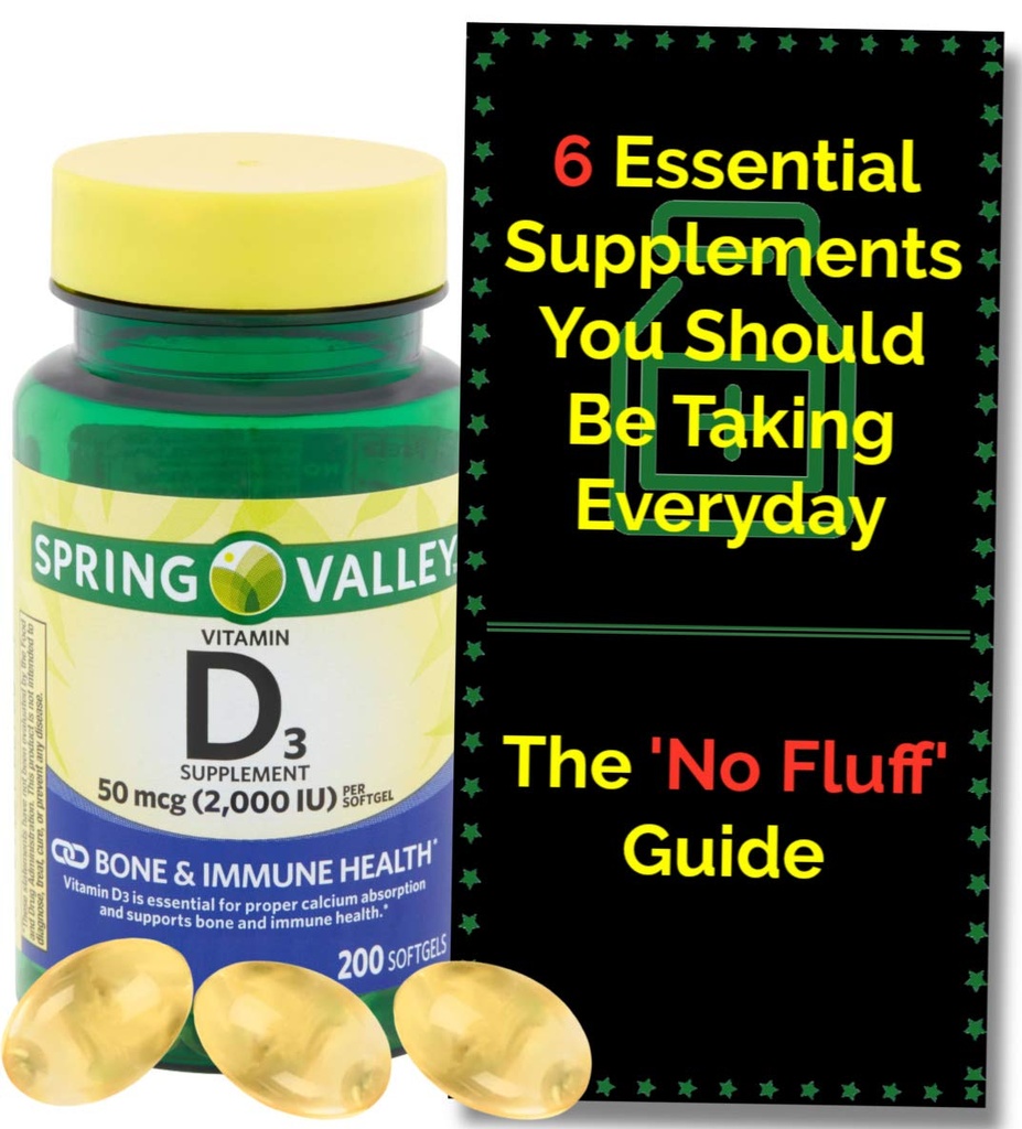 Vitamín D3 2000iu Softgels (50 μg) (200 počet - 6+ Mesačná zásoba) Bone & Immune Health from Spring Valley. + "No Fluff' Supplement Guide