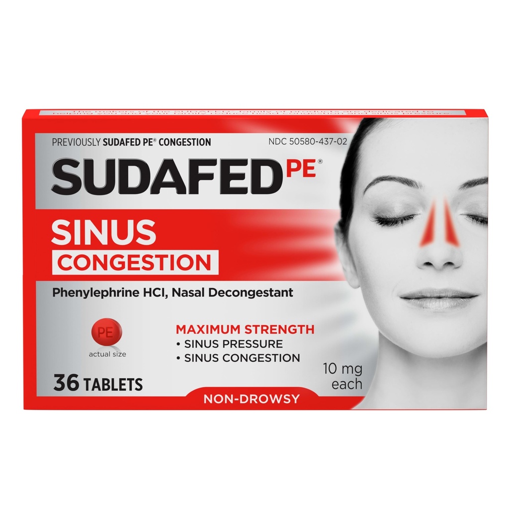Sudafed PE Sinus Congestion Relief Tablets, Maximálna sila, non-Drowsy 10 mg Fenylefrín HCI Dekongestant pre Relief tlakovej a nosovej kongescie, Vzhľadom k chladu alebo alergií, 36 ct