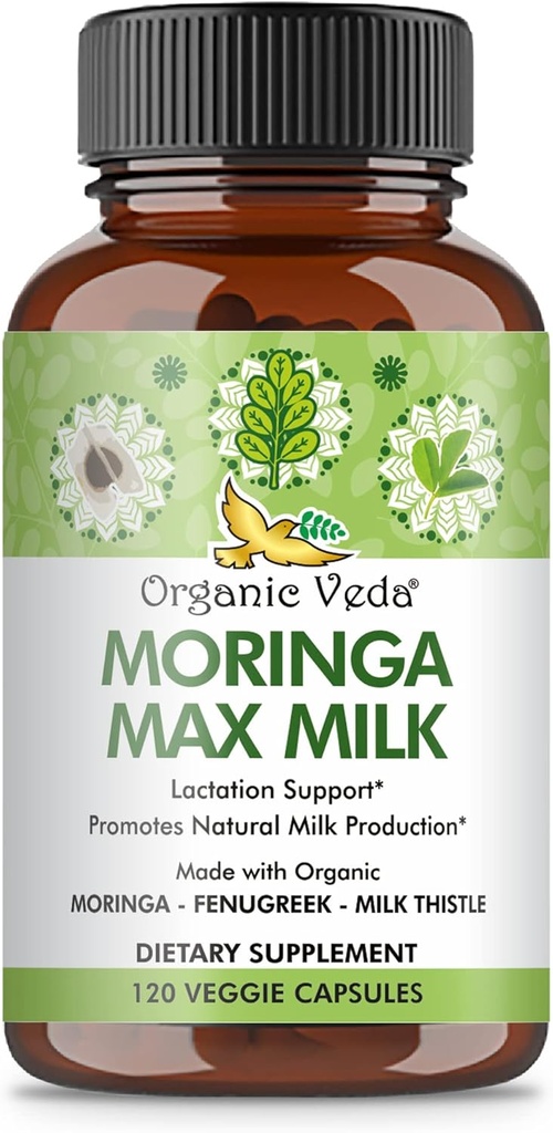 Organické Veda Moringa Max mlieko Laktácia Supplement (120 Kapsule) - 1800mg Super sila Organický Vegánsky komplex s senovka grécka, mlieko Thitle, Moringa Leaf & Seeds pre dojčenie Mlieko Supply