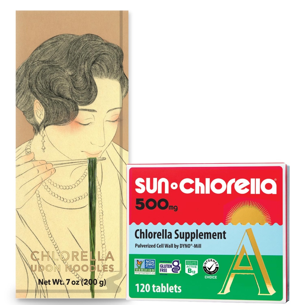 Sun Chlorella Green Goodness Bundle - 500mg Superfood, Non-GMO 120 Tablety + Udon Noodles Chlorella, pripravený na varenie, Vegan, Vegetarián 7,8 oz (4 Servings)