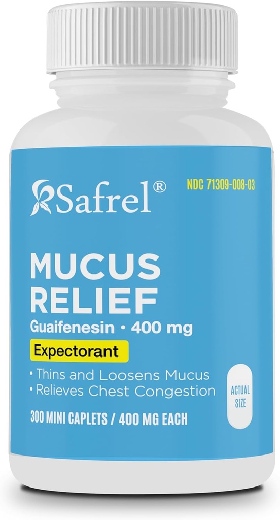 Safrel Pharma Mucus Relief Guaifenesin 400 mg - Fast Acting Expectorant, Thins and Loosens Musus, Relieves Chest Congestion, Kašeľ, Cold and Flu