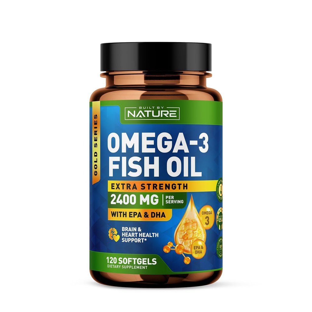 Postavený prírodou Omega 3 Rybí olej mäkké gély - 2400 mg Rybí olej, 1440 mg Omega 3, 864 mg EPA, 576 mg DHA - Extra sila Mozog a srdce Zdravotná podpora doplnok - 120 Softgels