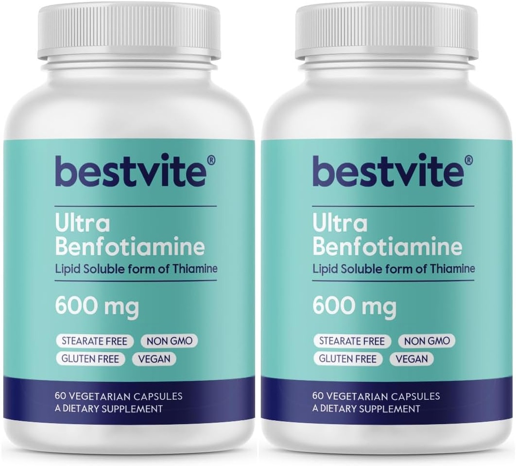 Ultra Benfotiamín 600 mg v kapsule (120 vegetariánskych kapsúl) (60x2) Žiadne stearáty - žiadny oxid kremičitý - Vegan - Non GMO - Gluten Free - maximálna sila Benfotiamín