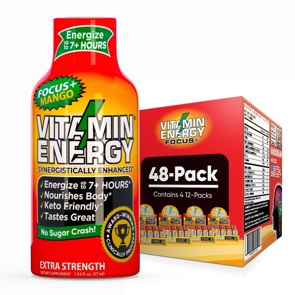 Vitamín Energy Focus+ Extra sila Energia Shot Mango 48 Balenie, 260 mg prírodný kofeín, B-vitamíny, CoQ10, aminokyseliny, zameranie, produktivita a jasnosť, Zero Sugar, Gluten-free, 1,93 fl oz
