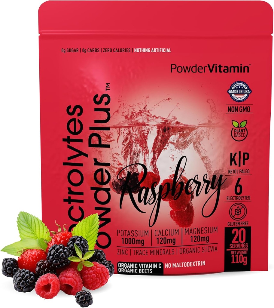 PrášokVitamin Electrolytes Powder Plus (20 Servings) Malinová Electrolyte Powder Zero Calorie Keto,0 Cukor, No Maltodextrín,1000mg Draslík,120mg Vápnik,120mg Magnézium, Ružová himalájska soľ