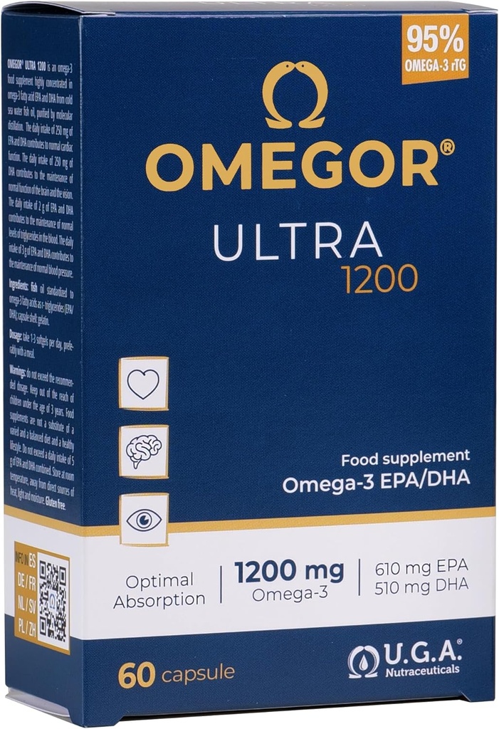 OMEGOR Omega 3 Rybí olej 1200mg Ultra - 610mg EPA a 510 DHA Omega3 IFOS Certified - Vysoká biologická dostupnosť a žiadne dochuť (60 Caps)