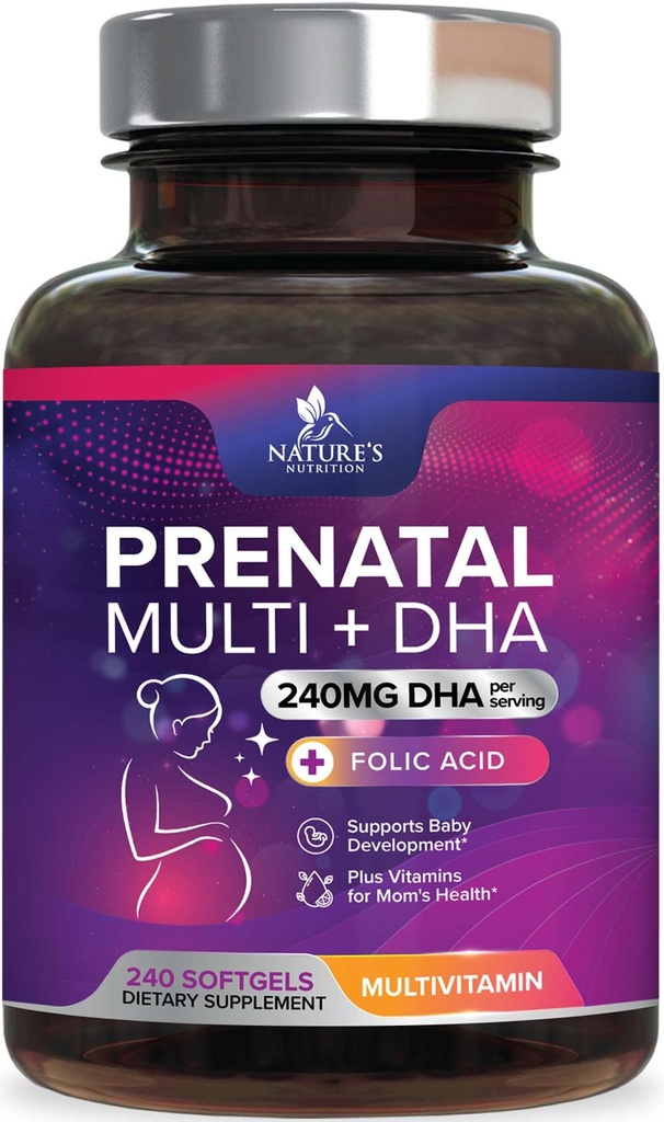 Prenatálne vitamíny s kyselinou listovou a DHA, Rozvojová podpora fetálneho mozgu s folátom a Omega 3's, prenatálny multivitamín pre ženy, vitamín A, C, D, B6, B12 a železo, doplnok tehotenstva - 240 Softgels