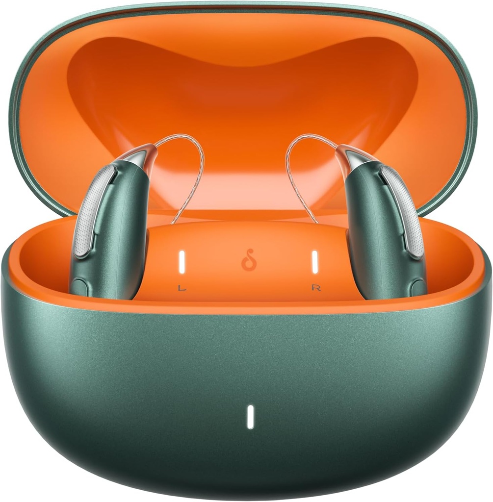 Dobíjateľné Bluetooth sluchové pomôcky pre miernu až ťažkú sluchovú stratu - OTC - Inteligentné prispôsobovanie - RIC (Receiver-in-Canal) dizajn so znížením hluku - zahŕňa nabíjací box, zelená