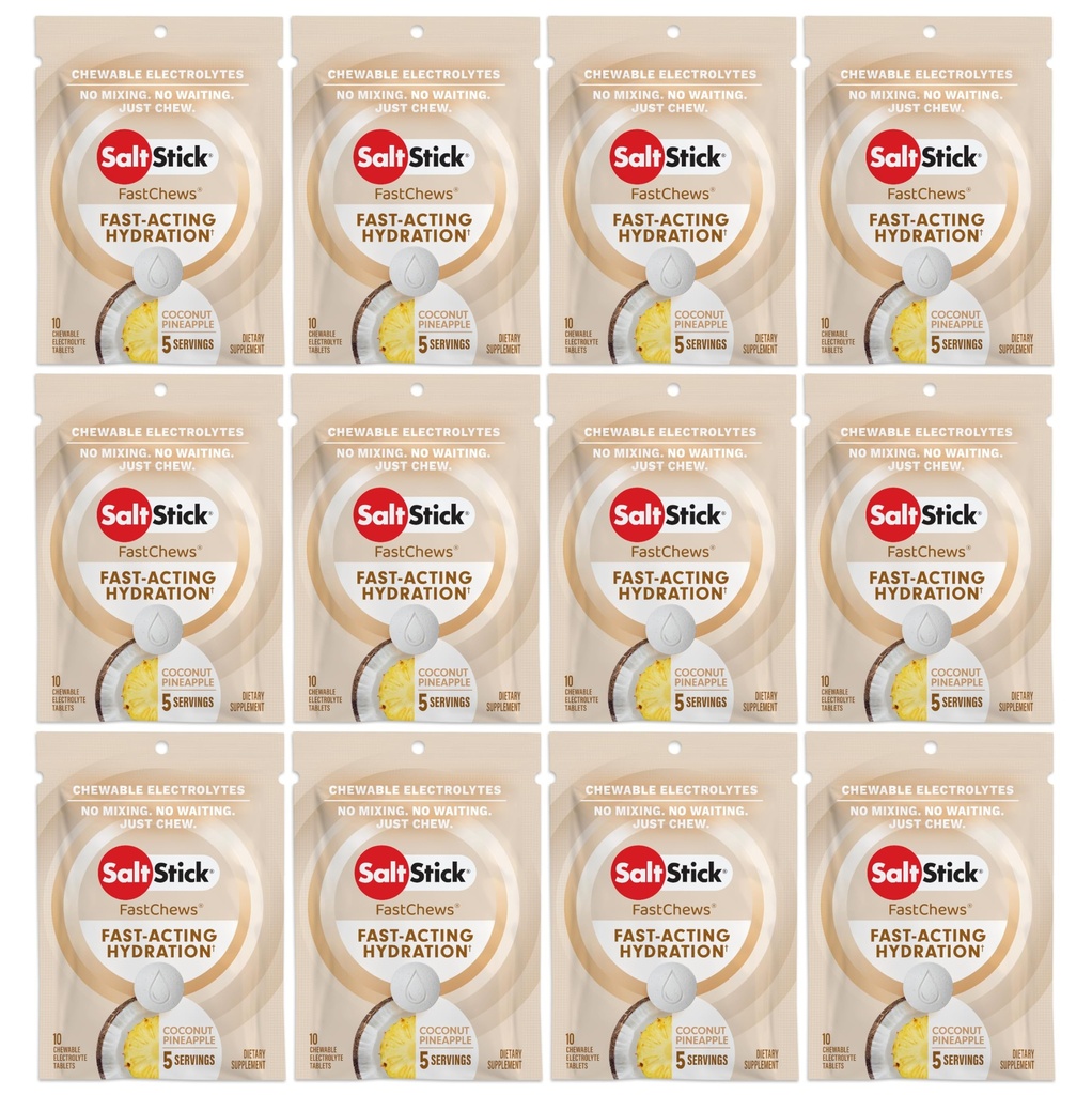 SaltStick Electrolyte FastChews - 120 gróf Coconut Ananás Flavor - Electrolyte Tablety pre hydratáciu, Salt Tabs - 10 gróf (Pack of 12)