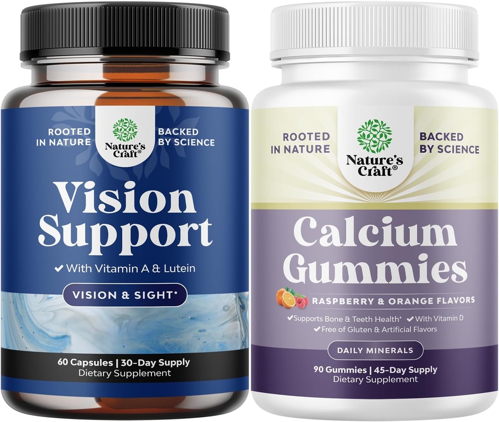 Bundle of Complete Eye Health Supplement for Adults - lutein 20mg per service for Vision & Blue Light Protection with Beta Karotén and High Absorbtion Calcium Gummies with Vitamin D3 for Bone Health
