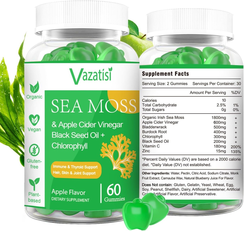 2 balenie Organic Irish Sea Moss Gumies s olejom z čiernych semien, chlorofylom - štítna žľaza, nálada, energia a imunitná podpora - ženy a muži, dospelí a deti - 120 Vegan Gummies