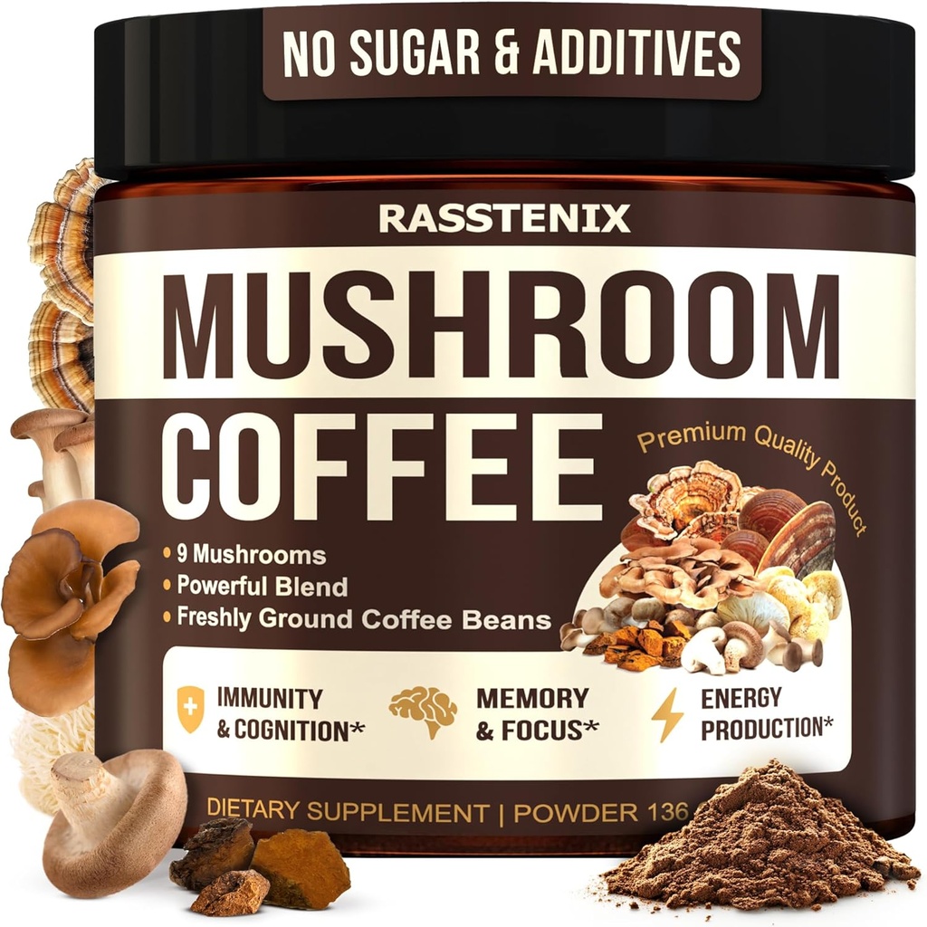 Hubová káva Organická - 9 Hubová adaptagénová zmes - Levia mana, Chaga, Turkey Tail, Reishi, Shiitake - Instant Huby Káva pre zdravie Gut, Energia, Duševná jasnosť - 60 Slúži