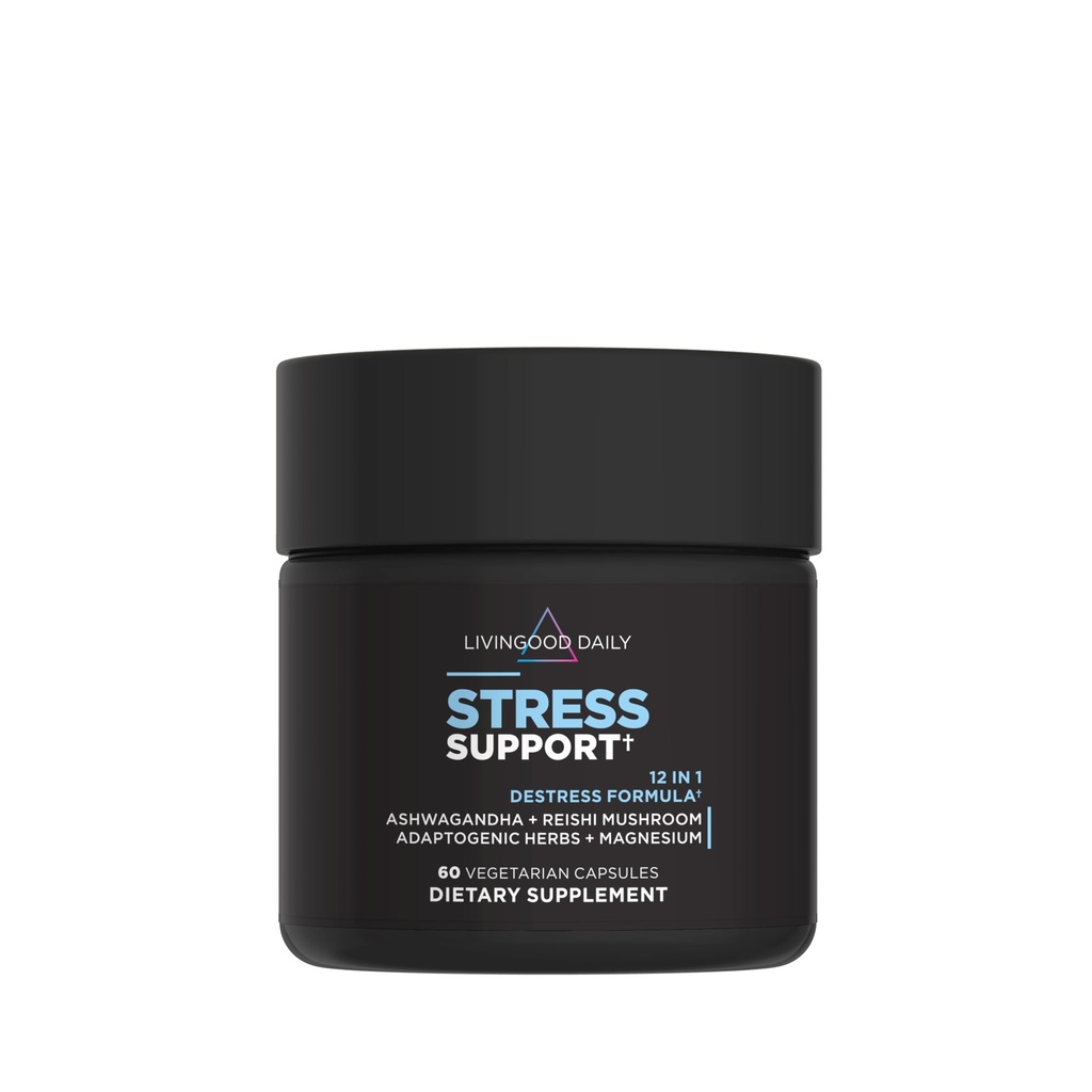 Livingood Daily Stress Support, 12-in-1 Supplement with Ashwagandha, Reishi Mushroom, Vitamín B6, Adaptogénne byliny a horčík, podporuje Mood & Calm, Gluten Free, Vegan, 60 Vegetariánske kapsule