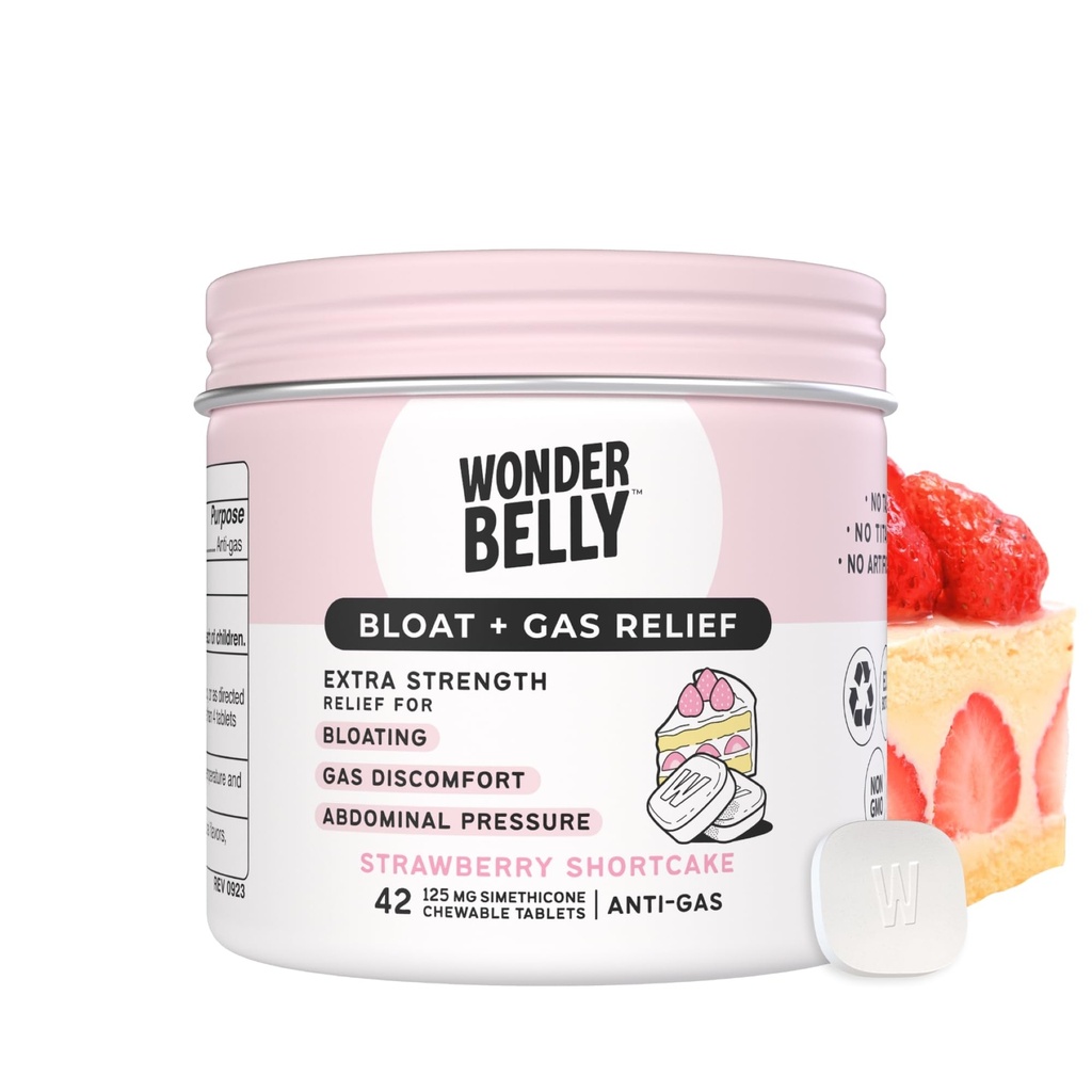 Wonderbelly Bloat + Gas Relief, Extra sila Žuvacie tablety, s 125 mg Simeticone, No Mastenec alebo Dye, Jahodový koláč, 42 Počet
