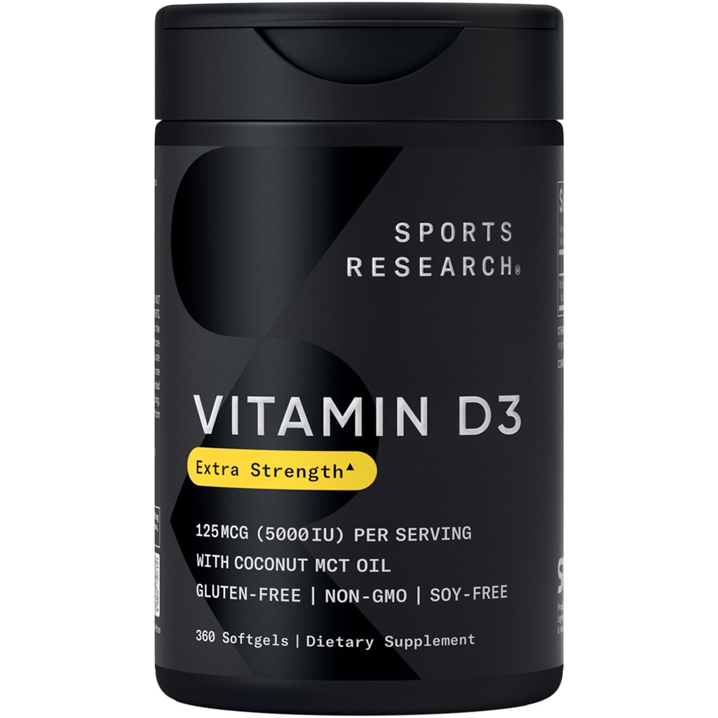 Športový výskum® Vitamín D3 w/Coconut MCT olej - vysoká potencia vitamín D3 5000iu (125mcg) Doplnok pre imunitnú a kostnú podporu - Seed Oil Free - Non-GMO - Gluten Free (360 Tekuté Softgels)