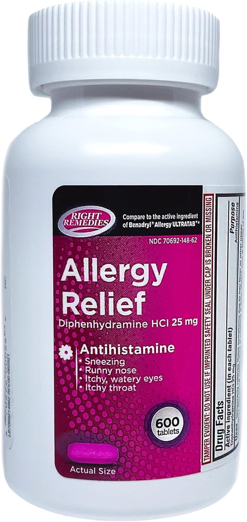 Alergia Relief Antihistaminika, Difenhydramín HCl 25mg, (600 Počet), V porovnaní s National Brand Alergy Ultratabs, Relives Seasonal Indoor alebo Outdoor Horné respiračné alergie