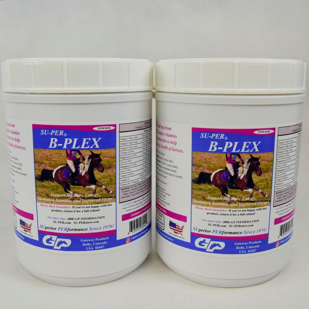 SU-PER B-Plex prášok Konské vitamíny - Kompletné B-komplexné konské vitamíny a minerály doplnok - zdravé kapucne, červené krvinky, kôň upokojujúci prášok - 2,5 libra, (2 balenia)