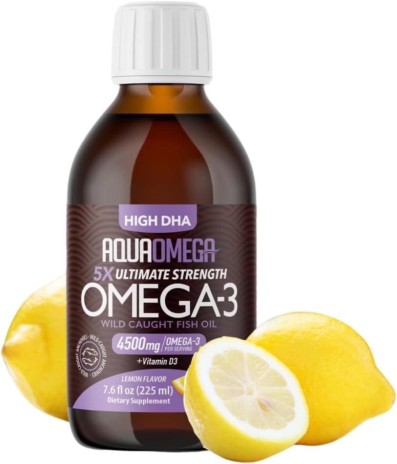 5X Ultimate Strength Omega 3 Fish Oil Liquid, Fish Oil Supplements with High DHA and EPA Omega3 Mastné kyseliny, High Potency Omega 3 with Vitamin D, 7.60 floz, Lemon Flavor